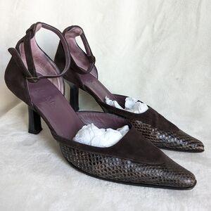 Max Mara Brown Suede Snakeskin Pointed Toe Kitten Heels Size 8 RARE Designer